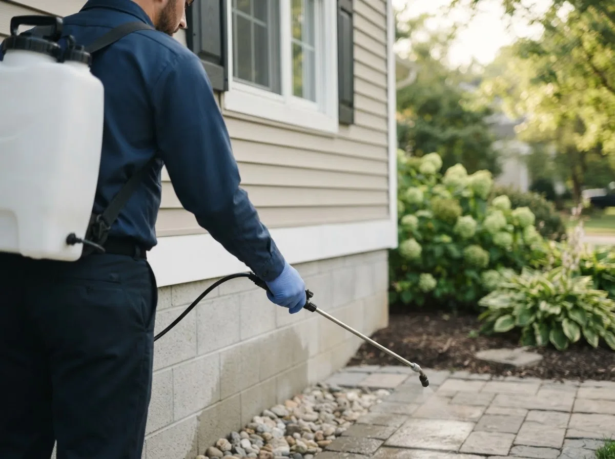 Pest control technician inspecting a home in Sinclair, ME